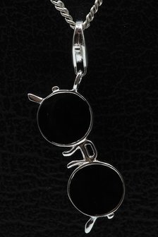 Zilveren Bril zwart hanger en/of bedel