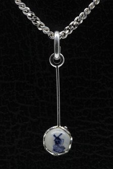 Zilveren Staaf met bol molen Delftsblauw ketting hanger