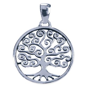 Zilveren Levensboom in cirkel ketting hanger