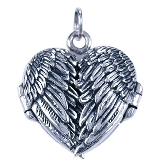 Zilveren Foto medaillon hart ketting hanger - Vleugels - 1 foto
