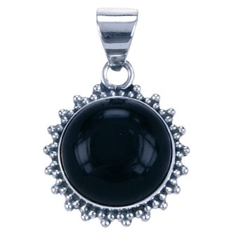 Zilveren Onyx zwart edelsteen rond met kartelrand ketting hanger