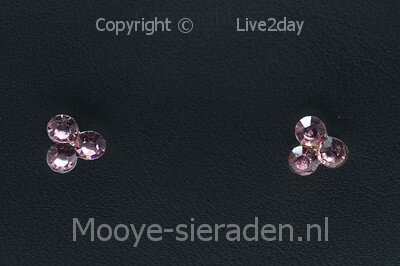 Zilveren Oorstekers Klaver met roze geslepen steen