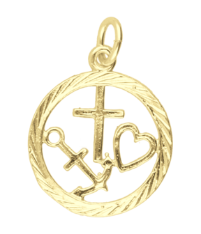 Gouden Geloof, Hoop en Liefde in ring 20 mm. ketting hanger