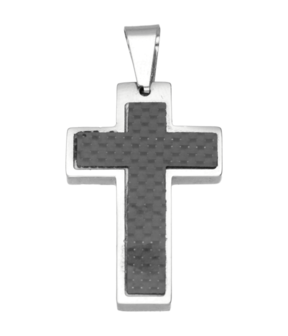 RVS Kruis met zwarte inleg ketting hanger - edelstaal