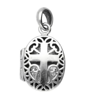 Zilveren Fotomedaillon met kruis opengewerkt 1 foto ketting hanger
