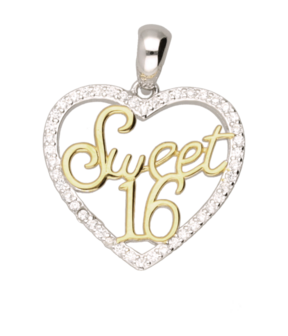 Zilveren Sweet sixteen 16 hart met zirkonia&#039;s kettinghanger