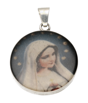 Zilveren Maria afbeelding in kleur rond XL kettinghanger