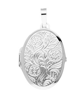 Zilveren Medaillon 28 mm ovaal bewerkt met bloemen 2 foto&#039;s kettinghanger