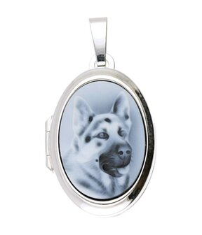 Zilveren Medaillon Herdershond blauw 2 foto&#039;s kettinghanger