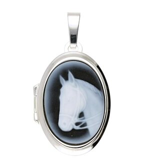 Zilveren Medaillon paard blauw 2 foto&#039;s kettinghanger