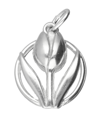 Zilveren Tulp in cirkel ketting hanger