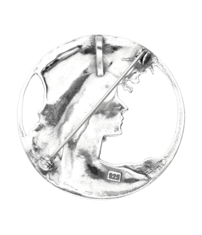 Zilveren Vrouwengezicht met hoed Art Nouveau Jugendstil XL hanger en broche