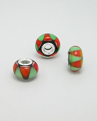 Zilveren glas bead - deco rood-groen