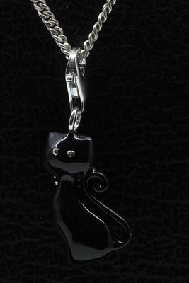Zilveren Kat zittend zwart hanger en/of bedel