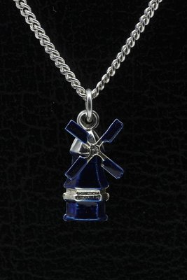 Zilveren Stellingmolen ketting hanger - zeskant blauw