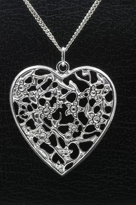 Zilveren Bloemenhart ketting hanger - groot