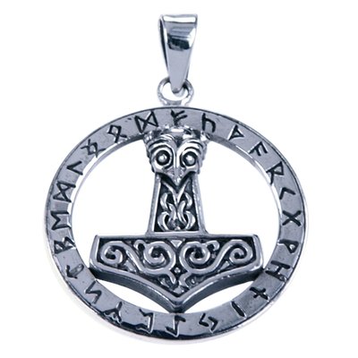 Zilveren Hamer van Thor in runen cirkel ketting hanger