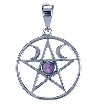 Zilveren Pentagram maanfase met amethyst ketting hanger