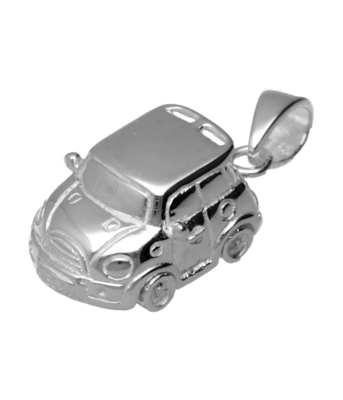 Zilveren Mini auto met draaiende wielen massief kettinghanger