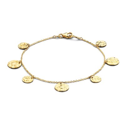 Gouden Armband 14 karaat 585 geelgoud 19 cm met 5 platte munten gehamerd