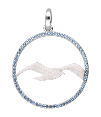 Zilveren Meeuw mat in ring met blauwe kristallen groot kettinghanger
