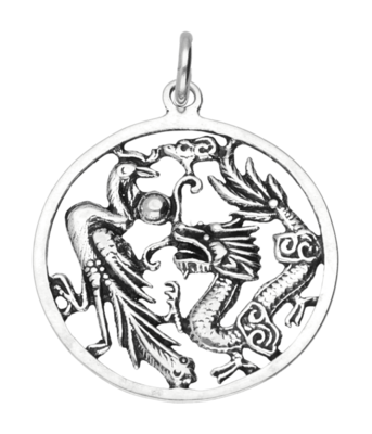 Zilveren Pauw met draak groot kettinghanger