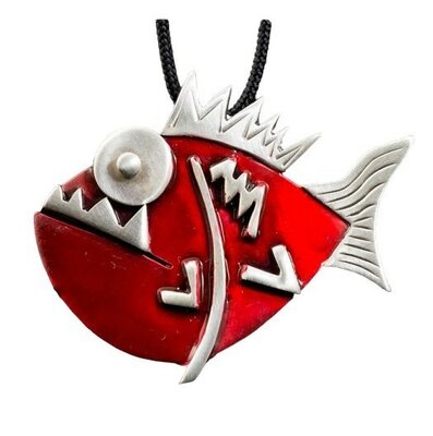 Zilveren Piranha met rood emaille kettinghanger