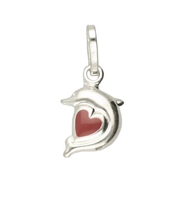 Zilveren Dolfijn met rood hartje klein kettinghanger